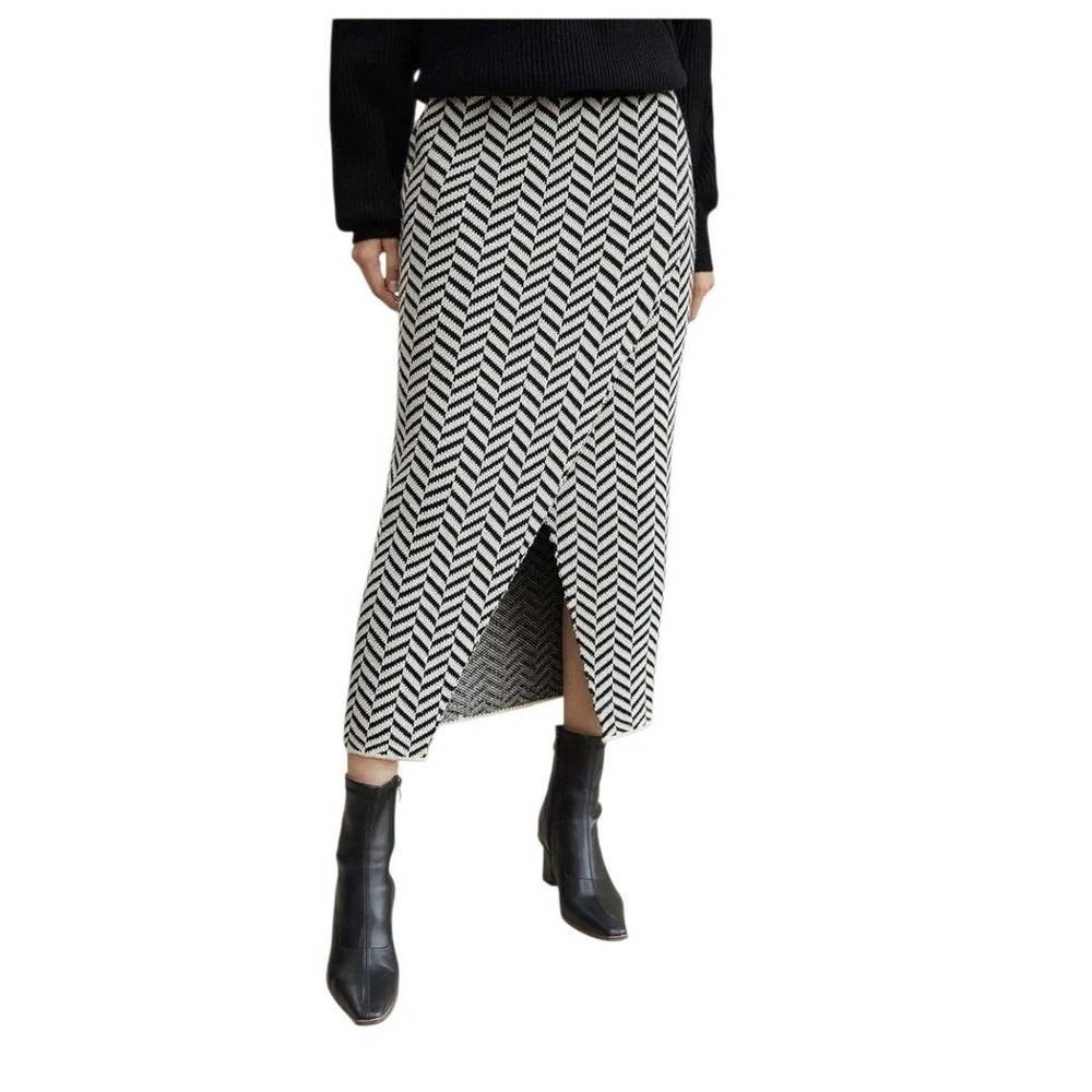 Women's Herringbone Midi Sweater Skirt M Black White Side Slit Stretch